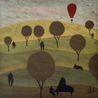 un tableau représentant un homme jouant du piano dans un champ