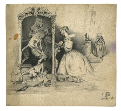 an old drawing of a woman in a dress standing in front of a mirror