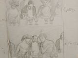 drawing of a group of people sitting at a table with a bottle of wine