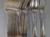 beaucoup de cuillères et de fourchettes en argent sur la table