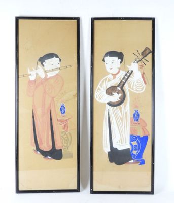 CHINE : Paire de gouaches sur papier représentant musicienne… - Photo 1
