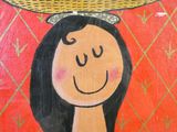 a painting of a woman with a hat on her head