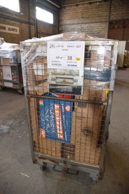 a cart full of boxes with a sign on it