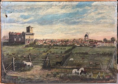tableau représentant une vue de ville avec un moulin à vent et des vaches au premier plan