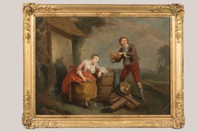 un vieux tableau représentant un homme et une femme avec un panier de pain