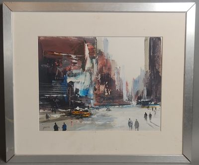 tableau représentant une scène de rue en ville avec des passants marchant sur le trottoir