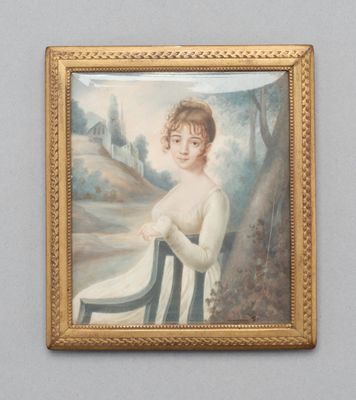 tableau représentant une femme assise sur une chaise devant un arbre