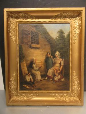 une image représentant un tableau montrant une famille devant une maison