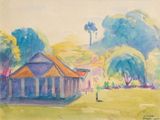 une image représentant une aquarelle d'une maison dans un parc