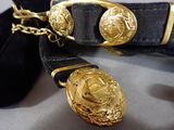 a belt with two gold buttons on it and a black belt with a gold buckle