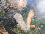 un tableau représentant une femme en train de souffler des bulles dans les airs