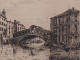 drawing of a bridge over a canal with buildings and a boat