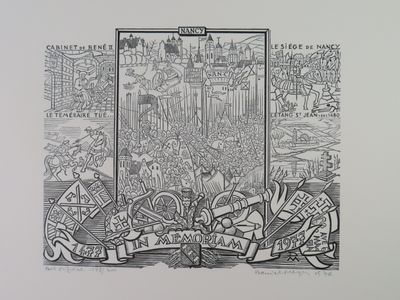 drawing of a large crowd of people in a city with banners and banners
