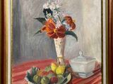 a painting of a vase of flowers and fruit on a table