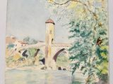 an image of a painting of a bridge over a body of water