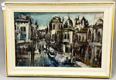 une peinture à l'huile représentant une scène de rue avec des bâtiments et un bateau sur l'eau