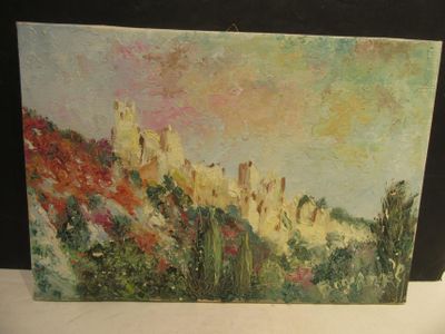 peinture représentant un tableau d'un château situé sur une colline, avec le ciel en arrière-plan