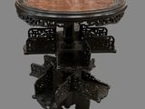 an image of a table with a wooden top on a grey background
