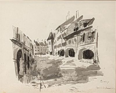 dessin représentant une scène de rue avec des bâtiments et un pont en arrière-plan