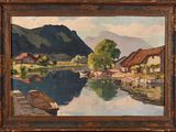 an oil painting of a boat on a river with a village in the background