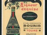 une vieille publicité pour une bouteille de vin avec un bouchon à l'intérieur