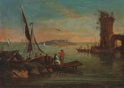 tableau représentant deux hommes sur un bateau au milieu d'un plan d'eau