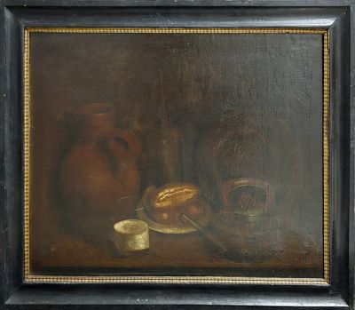 an oil painting of a still life with bread and a pitcher