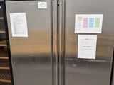 a stainless steel refrigerator with a glass door next to a wine cooler