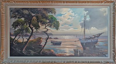 une peinture représentant un bateau sur l'eau, près du rivage