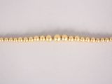 a close up of a gold bead necklace on a white background