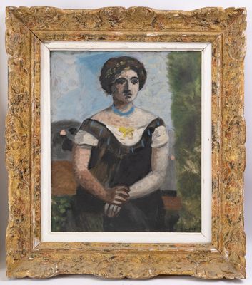 an oil painting of a woman in a black dress sitting on a bench