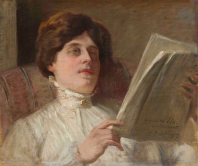 tableau représentant une femme assise sur une chaise, en train de lire un livre