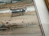 a picture of a painting of a boat on the beach