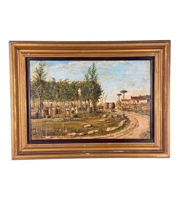 une peinture à l'huile représentant une scène de campagne avec une route au premier plan