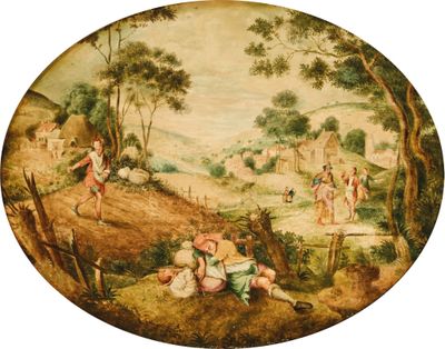 une image d'un tableau représentant un groupe de personnes dans un paysage