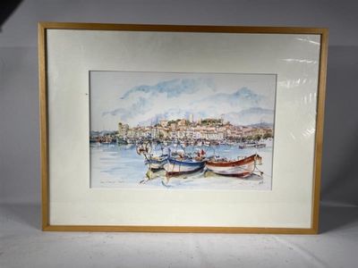 aquarelle encadrée représentant une scène de port avec des bateaux au premier plan