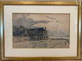 framed watercolor painting of a house on a beach with a person walking by
