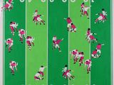 a painting of a football field with a number of players on it