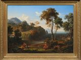 une image représentant un tableau représentant un paysage avec des personnages au premier plan
