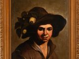 an oil painting of a man with a large hat on his head
