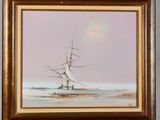 an oil painting of a ship in the ocean with a full moon in the background
