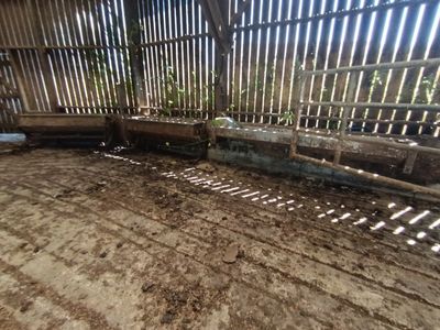 un sol en terre battue dans une grange entourée d'une clôture en bois