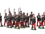 the toy soldiers are dressed in red and black uniforms