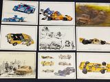 many cards with different cars on them on a table