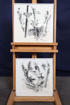 two drawings of a man and a woman on a easel