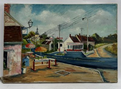 painting of a painting of a street scene with a gas station in the background