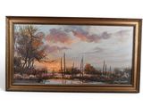 une peinture à l'huile représentant un paysage avec des arbres et de l'eau