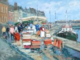 un tableau représentant un groupe de personnes marchant sur une jetée