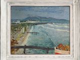 a painting of a view of a beach with a boat in the water