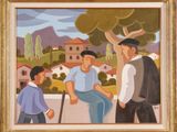 an oil painting of a group of men standing next to each other